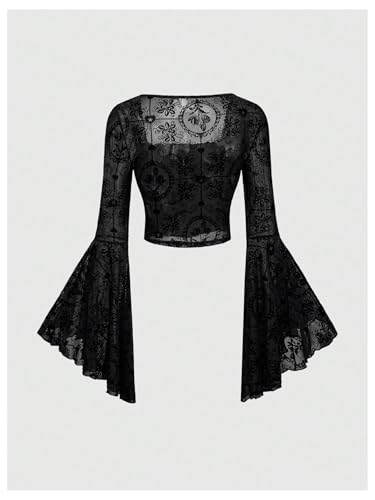 Verdusa Women's Gothic Clothes Flare Sleeve Tops Flower Pattern Velour Cross Lace-up Waist Crop Top2