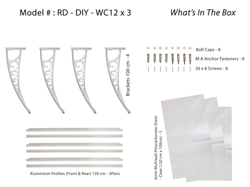 Image of CHENNAI Window Blinds and Shades DIY Polycarbonate Awning (Engineered Plastic Brackets) Window Sunshade Door Weather Shed Rain Canopy Awnings - 12'Widthx3'Depth (White Brackets & Clear Sheets)