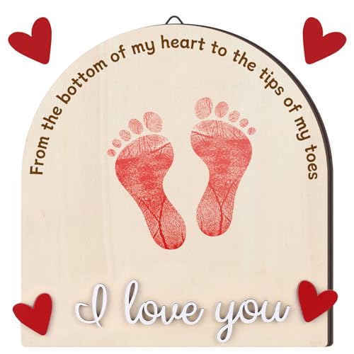 Beeveer St. Patrick's Day Baby's First DIY Footprint Art Wooden Milestone Card Keepsake Little Boo Sign Nursery Decorative Ornaments for Baby Shower Newborn Photoshoot Prop(Valentine's Day Heart)