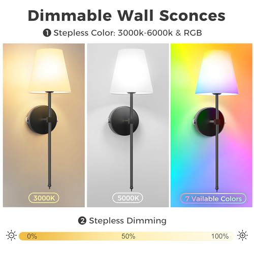 Image of DORESshop Battery Operated Wall Sconce Set of Two, 10000mah Black Rechargeable Wall Sconce with Remote Control, 9 Colors Indoor Wireless Wall Lights for Bedroom Living Room Hallway, Dimmable