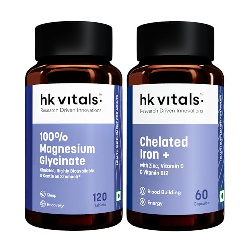 Image of hk vitals 100% Magnesium Glycinate (1880mg) 120 Tablets | For Better Sleep Quality & Muscle Recovery with Chelated Iron + Supplement (60 Capsules)