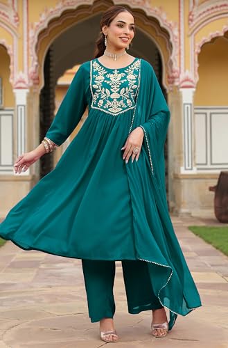Image of Janasya Women's Georgette Embroidered A-line Kurta with Palazzo Dupatta Set