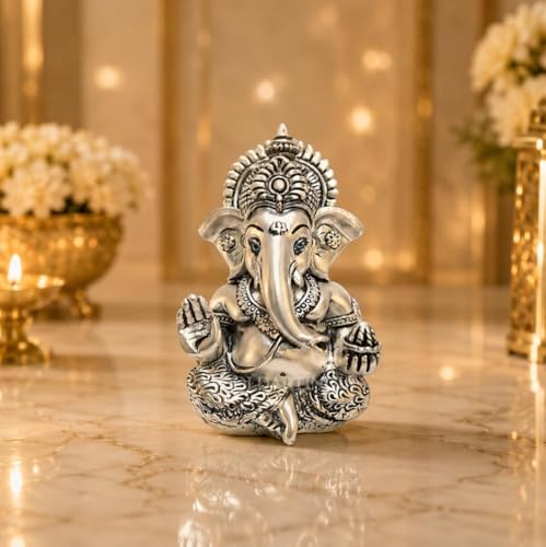 Image of Gold Art India Lord Ganesha 999 Silver Plated Idol | Antique Matte Finish | Premium Velvet Gift Box | Ganesh Murti for Car Dashboard, Home Temple, Office Desk | Luxury Spiritual Gift for Housewarming