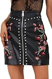 Bellivera Faux Leather for Women Print Embroidered Bodycon A-Line High Waisted Short Elastic Mini Floral Skirt 3001 Black L