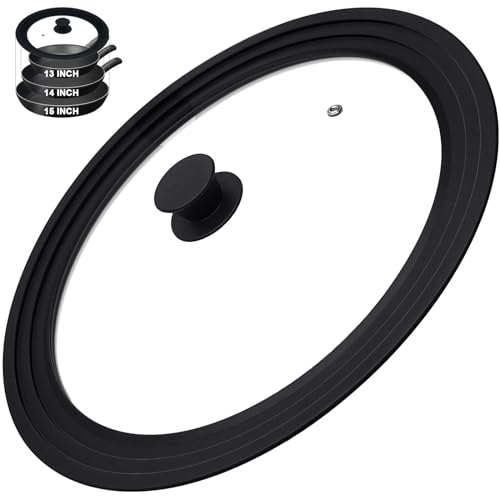 LKEAKICN 15 Inch Universal Pan Lid, Heat Resistant Frying Pan Lid, Silicone & Tempered Glass Lid for 13-15 Inch Pots and Pans