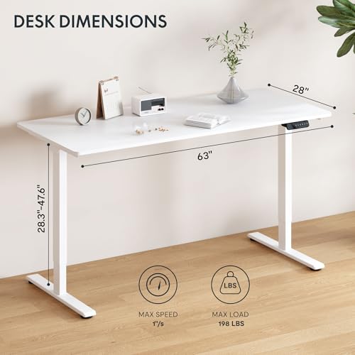 Image of FLEXISPOT 63 inchx28 inch Electric Standing Desk, White | Dual Motor, 198 LBS Capacity, Spacious Workspace, Multi-Monitor Setup, Home Office & Creative Studio
