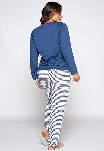 Pijama Longo Feminino Inverno Manga Longa Frio Personagem Ancora (M, AZUL)