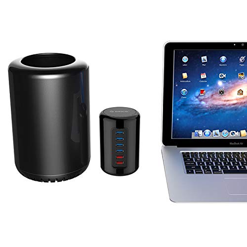 ORICO 4-Port USB 3.0 Cylinder Hub next to a larger Mac Pro cylinder and a MacBook Air, illustrating its compact size and design inspiration.