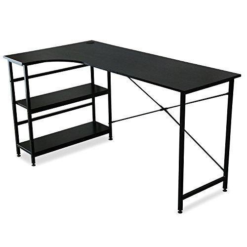 DORIS ドリス パソコンデスク L字デスク 勉強机 机 テレワーク コーナーデスク オフィスデスク PCデスク デスク L字型 ワークデスク シンプルデスク ゲーミング 在宅勤務 収納 ラック付き 机 140cm幅 L字 木目調 北欧風 ホールカバー フィコ ブラック【12709】