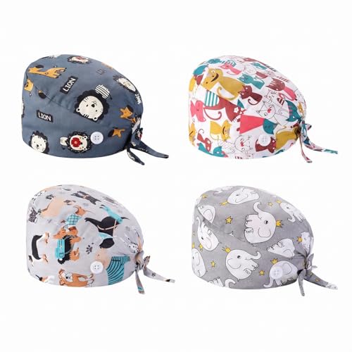 Amexo 4 Piezas Gorro Quirofano, Ajustables Gorros Enfermera con Botón y Banda de Sudor de Algodón Variedad de Patrones de Impresión Adecuado para Médicos Chefs Gorros de Ducha Domésticos (Animales)