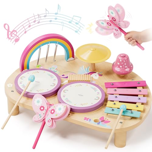 Lehoo Castle Montessori Juguetes 1 3 Niños, Bebe Tambor Bateria Infantil, 9 IN 1 Instrumentos Musicales Brinquedos Juguetes de Mader Regalo Brinquedos Niño Niña 2 3 4 5 Años (Unicornio)