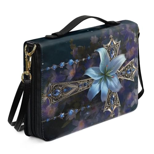 Rchsmod Lily Cross Print Bible Cover Case for Women Leather Bible Bag with Adjustable Shoulder Strap Bible Case Portable Bible Accessories Makeup Organizer for Daily Use 2GG