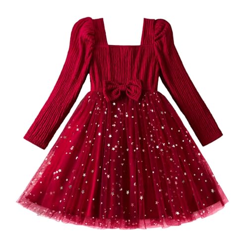 Vestido Manga Larga para Ninas con Pajarita Lentejuelas Estrellas Formal Fiestas Vacaciones Ninos Pequenos Informal Playa Escuela Ocasiones