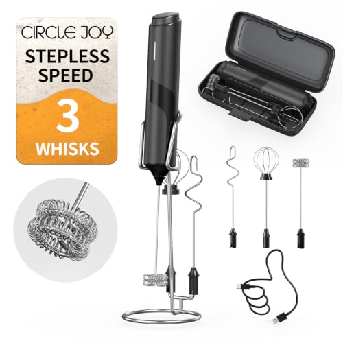 Image of CIRCLE JOY Electric Milk Frother with Variable Speed & 3 Detachable Whisk | Rechargeable Coffee Frother with Stand & Storage Box, Electric Drink Mixer Handheld Stirrer for Latte Cappuccino Matcha Milk