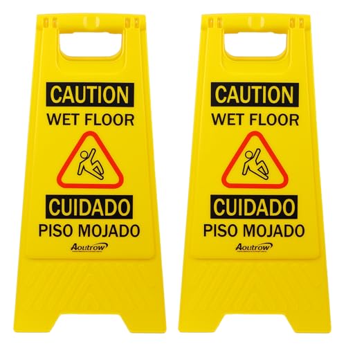 Aoutrow Caution Wet Floor Sign, ?L:17.12in W:8.38in H:0.94in?2-Sided Foldable Safety Sign for Commercial Use, A Frame Caution Sign Bilingual Warning Signs, Yellow (yellow 2pack)
