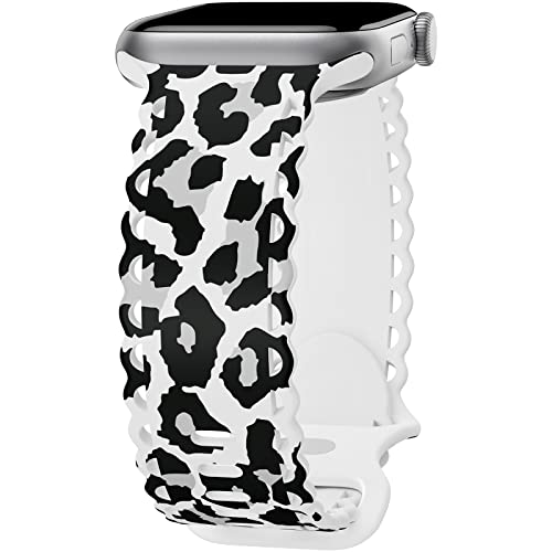 Image of Compatible with Apple Watch Band 41mm 40mm 38mm 49mm 45mm 44mm 42mm Women Girl, Leopard Print Lace Hollow-out Soft Silicone Sport Bands For iWatch Ultra SE Series 10 9 8 7 6 5 4 3 2, LeoBW-42