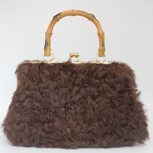 Luxury Faux Karakul Curly Rabbit Fur Handbag with Bamboo-Style Handle and Gold Kisslock Frame2