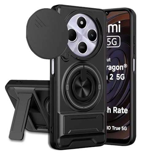Image of Redmi A4 / 14C / C75 5G / M7 5G Back Cover | Armor Camera Slider 360 Degree Rotating Finger Ring Holder Case with Bracket Stand Back Case Cover (Compatible with MagSafe Accessories) (Black)