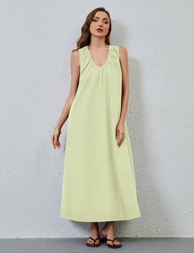 Image of Women Sleeveless Ruched Maxi Dress Scoop Neck Long Elegant Dresses Wide Shoulder Strap Blouse Dress with Side Pockets