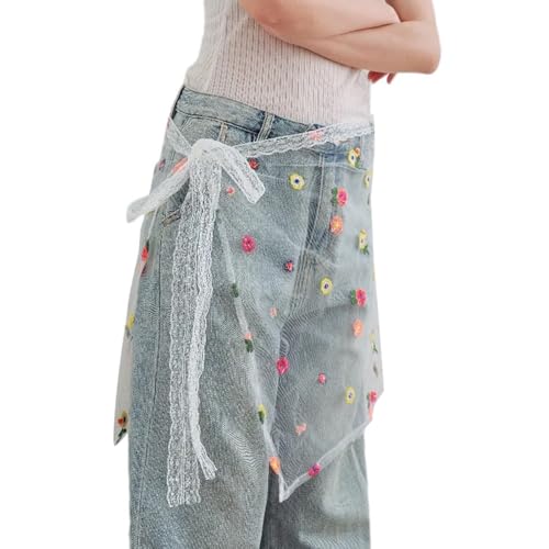Women Korean Layering Mesh Half Skirt Hip Scarf Embroidery Colorful Flower Hip Covering Lace Up Bandage Apron Wrap Skirt