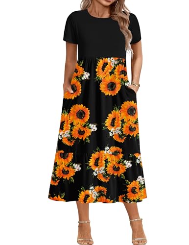 Image of IN'VOLAND Women Plus Size Short Sleeve Dress Loose Plain Casual Summer Flowy Tiered Long Maxi Dresses with Pockets