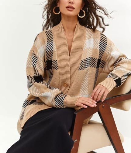 chouyatou Women's Casual Plaid Checkered Button Down Cardigans Color Block Knit Cardigan Sweater Outerwear Jacket3