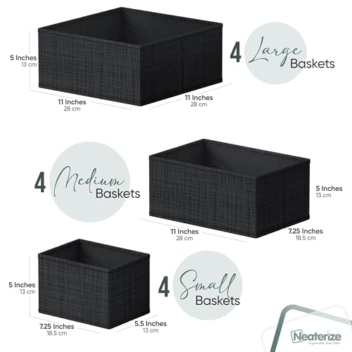 NEATERIZE Drawer Organizer - [Set of 12] - Closet Organizer and Storage Baskets| Foldable Cloth Drawers Divider | Fabric Bin for Dresser & Shelves |Organize Underwear, Socks, Bra, Tie’s (Black)