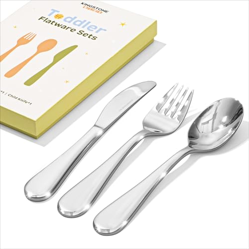 KINGSTONE Kids Silverware, 3-Piece Large Forks and Spoons Knife Gift Set, 18/10 Stainless Steel Kids Utensils for Self-Feeding, Food Grade Flatware, Dishwasher Safe, Mirror Polished Solid 3-