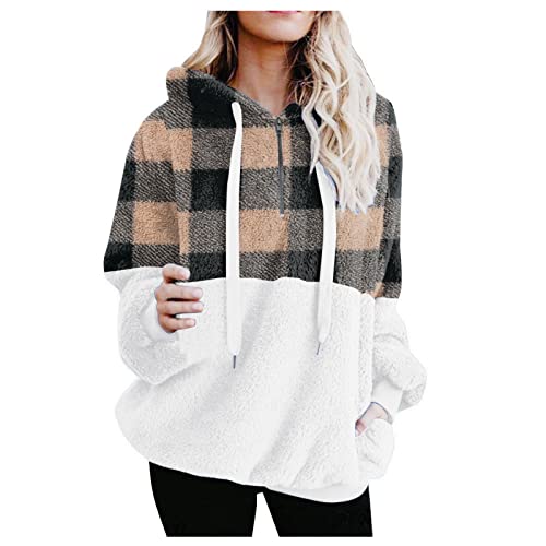 Mujer Plaid Impreso Lana Artificial Manga Larga Casual Color Sólido Cremallera Suéter Suéter Suéter Suelto Conejo Lindo Con Capucha Gruesa Blusa Sudadera Con Bolsillos Abrigo Mi (Grey, XXXL)