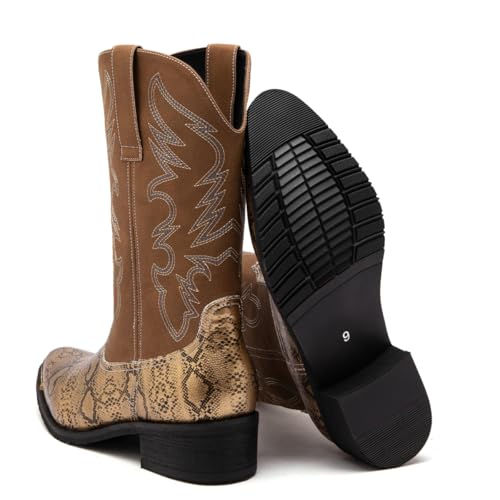 Image of Men's cowboy boots round toe boots embroidered with traditional Western country artificial snakeskin pattern