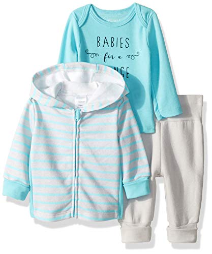 Hanes unisex baby Ultimate Flexy Fleece Jogger With Long Sleeve Crew and Fleece Hoodie Layette Set, Blue/Grey Stripe, 6-12 Months US