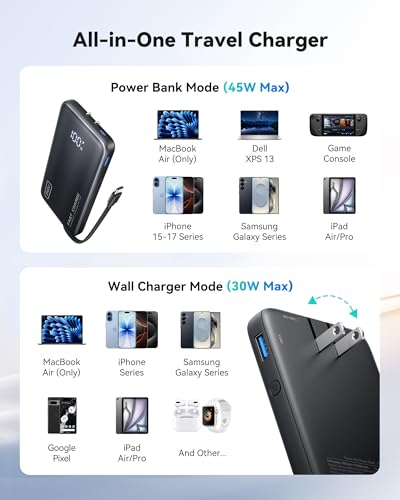 INIU 3-in-1 Power Bank with Built-in Foldable AC Wall Plug & USB C Cable, Slimmest 45W Max Fast Charging 10000mAh Portable Charger for Travel Essentials, for iPhone 17/16/15, Samsung, iPad, Laptop etc - Image 8
