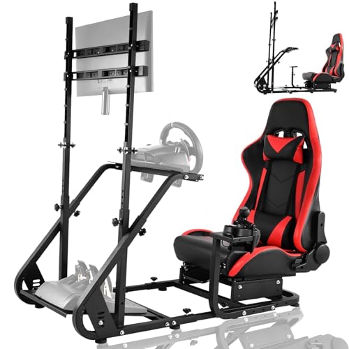 Cabina de simulador de Carreras con Soporte para Monitor - Soporte para TV y Ajuste de Asiento Rojo, Pedal de Cambio de Rueda y Pantalla