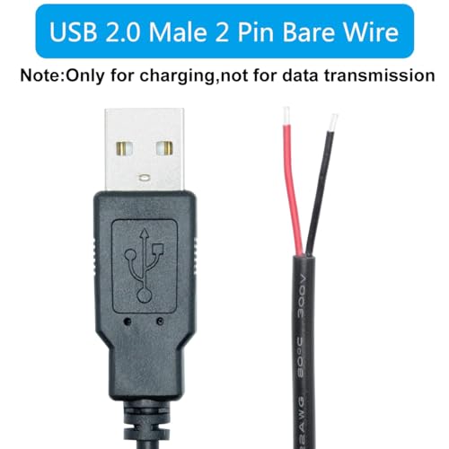 Greluma 3 Stück 2 m USB-Schweineschwanz, 2-adriges USB 2.0-Kabel, 22 AWG, offenes Ende mit blankem Draht, 2 m USB-Stecker, 12 V, 3 A