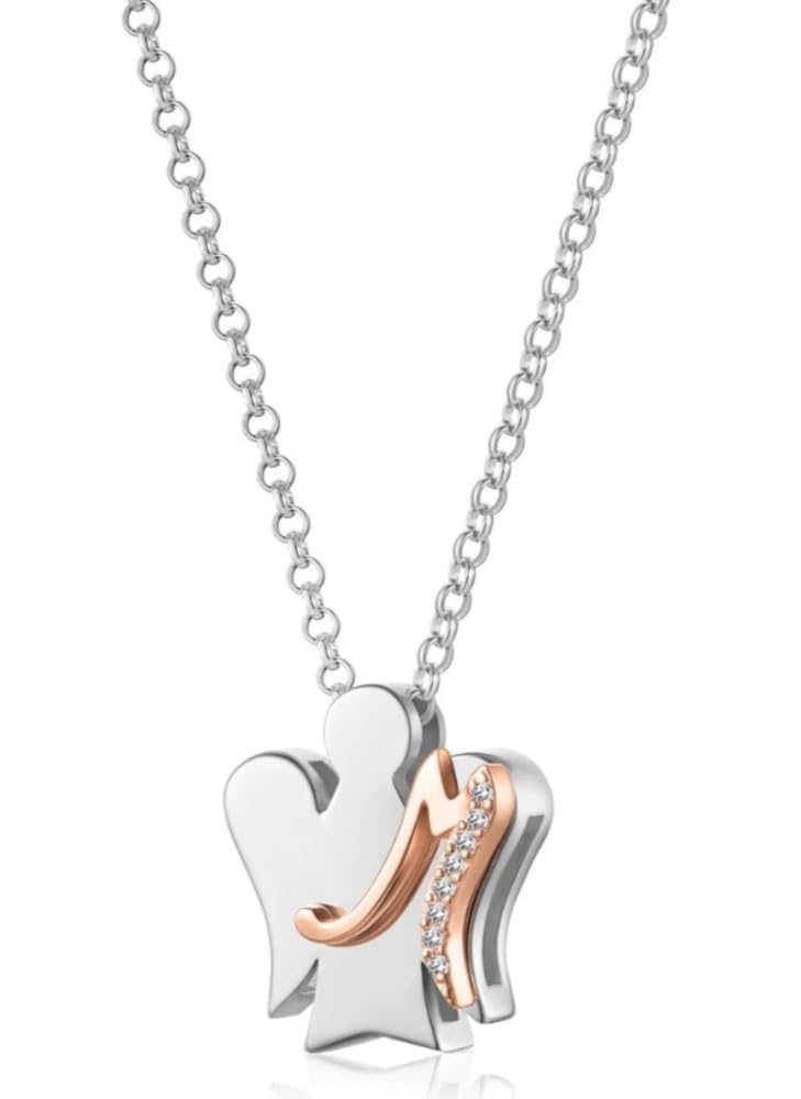 Collana in argento 925 con angelo, lettera in argento rosato e zirconi bianchi | Collezione Angeli Roberto Giannotti | Made in Italy