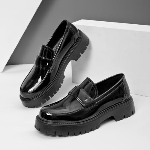 Men's Patent Leather Platform Penny Loafers Fashion Round Toe Slip-On Lug Sole Dress Shoes for Business Work Daily Wear2
