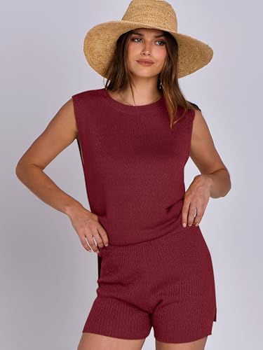 Image of ANRABESS Women Summer 2 Piece Outfits Sleeveless Knit Sweater Top & Shorts Soft Lounge Sets Travel Beach 2026 Spring Clothes Burgundy Small
