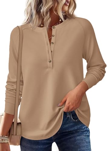 Image of PRETTYGARDEN Women's Long Sleeve Waffle Knit Henley Shirts Loose Tunic Tops