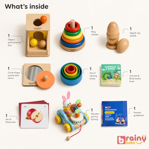 Image of Baby Toys for 6 to 12 Months Montessori Learning Kit | Wooden & Fabric Tummy Time Toys for Babies with Object Permanence Box | Fine Motor Skill Development & Early Education Playset