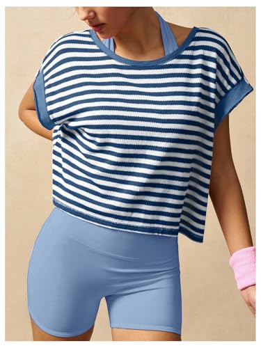 Milumia Women's Striped Open Back Workout Crop Tops Backless Short Sleeve Athletic T Shirts Gym Yoga Tee3