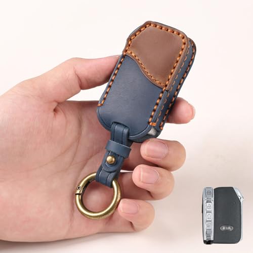 Image of keyzone Dual Leather Key Cover fit for Kia Carens Clavis, Seltos, Sonet 2023 Facelift Carens 4 Button smart Key (Blue-Brown)
