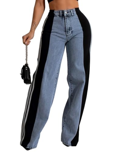 High Waisted Jeans for Women Wide Leg Denim Pants Fall Trendy Patchwork Striped Pants Baggy Two Tone Jeans