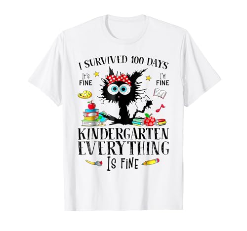 I Survived 100 Days Of Kindergarten Teacher & Kids Funny Cat T-Shirt