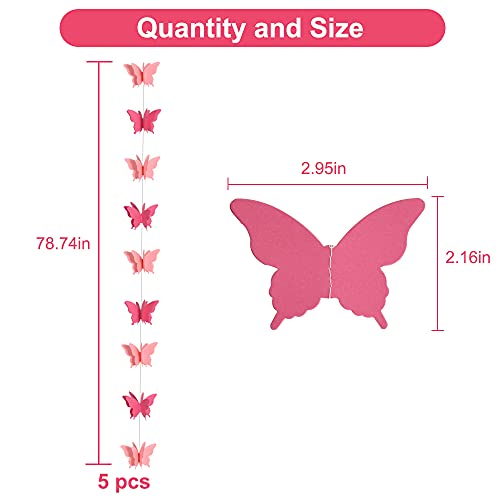 Image of 5 Pieces 3D Pink and Red Butterfly Paper Garland Hanging Decorative Banner for Home Ceiling Decor Birthday Party Baby Shower Wedding Theme Valentine Decoration Supplies Total 393 Inch Length