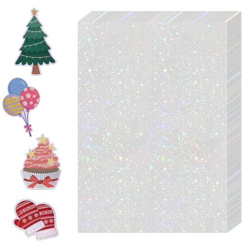 WANGHENG 36 Sheets Holographic Sticker Paper Holographic Laminate Sheets A4 Size Clear Vinyl Sticker Sheets Self-Adhesive Rainbow Overlay Sheets 11.7 x 8.3 InchesStar