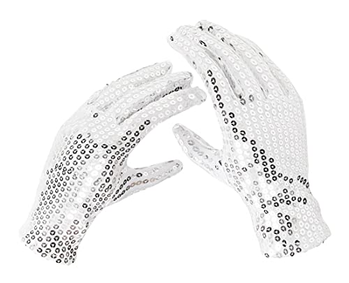 Aniler Unisex Wrist Length Full Finger Sequin Solid Color 80s Sparkling Glitter Costume Cosplay Party Short Gloves (Silver One Size)