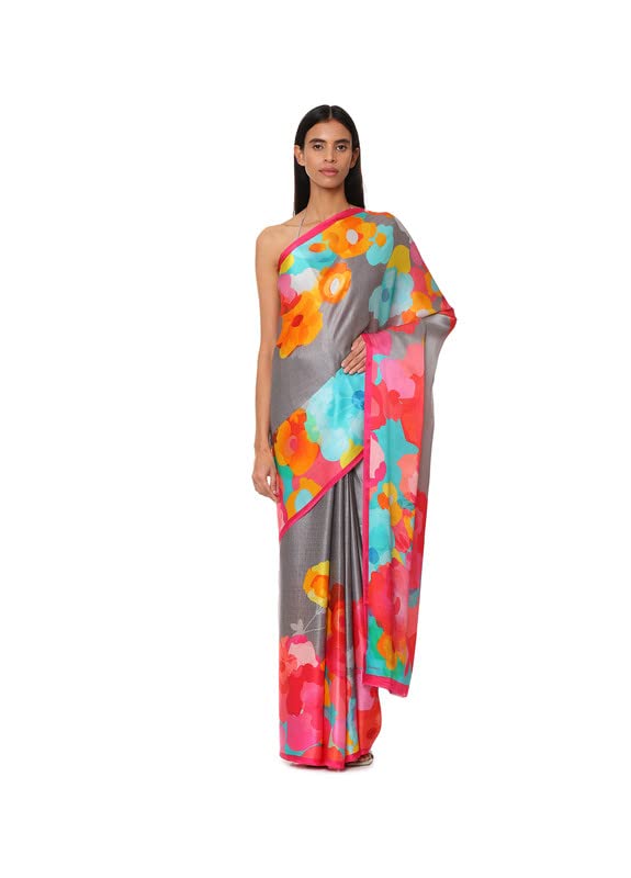 Satya PaulPrinted Georgette Satin Grey Medium Saree with Blouse Piece