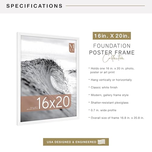 Image of MCS Foundation 16x20 Poster Frame Traditional White, Vertical & Horizontal Wall Hanging Large Picture Frame for Photos, Posters & Art Prints (1-Pack)