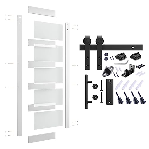 Alamedadt 30'' X84'' Sliding Glass Barn Door Kit With 5 Ft Barn Door Hardware Kit, Mdf, Solid Core, Combined With Handle And Floor Guide-Assembly Required-Include Installation Manual, White #TOP2