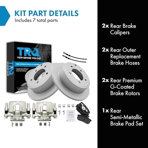 Image of TRQ Rear Brake Pad and Rotor Set Semi Metallic Coated Rotors Calipers Compatible with 2011-2014 Chrysler 200 2007-2010 Sebring 2008-2014 Dodge Avenger 2007-2017 Jeep Compass Patriot
